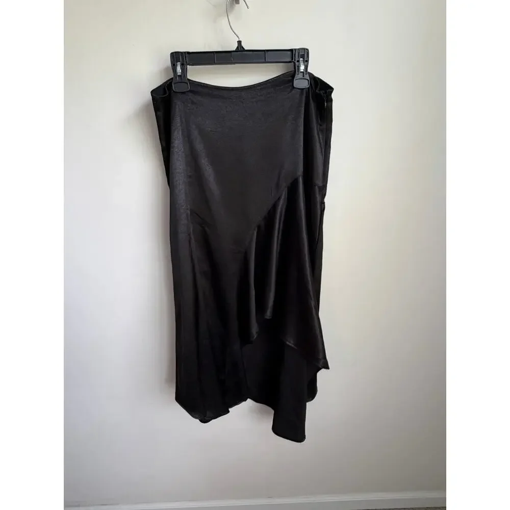 Free People Sunrise Satin Mid-Rise Asymmetrical Midi Skirt Black Womens Size 14